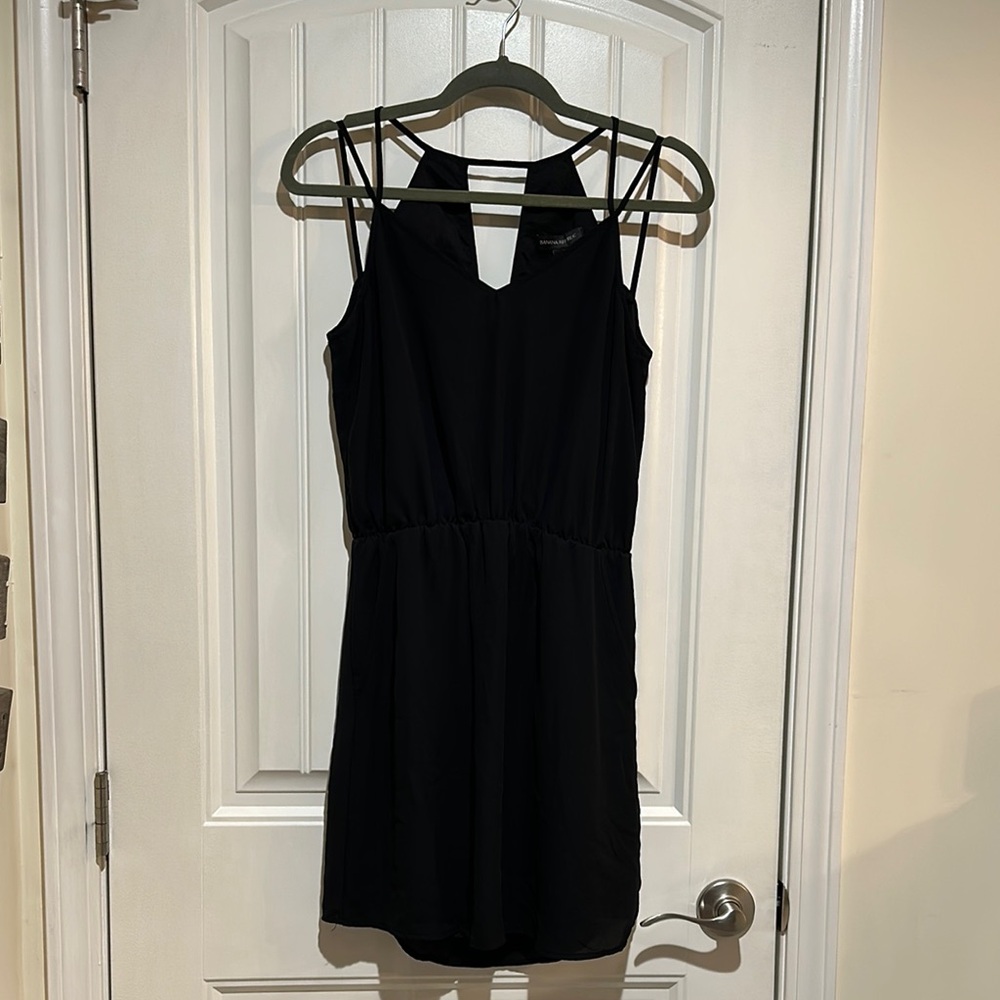 Black Mini Sheath Dress with Spaghetti Strap Neckline